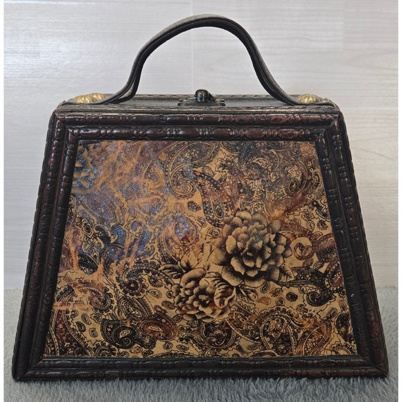 Vintage Handbags - Vintage Style Wooden Box Bag Floral Paisley Print Hardware Top Handle Purse